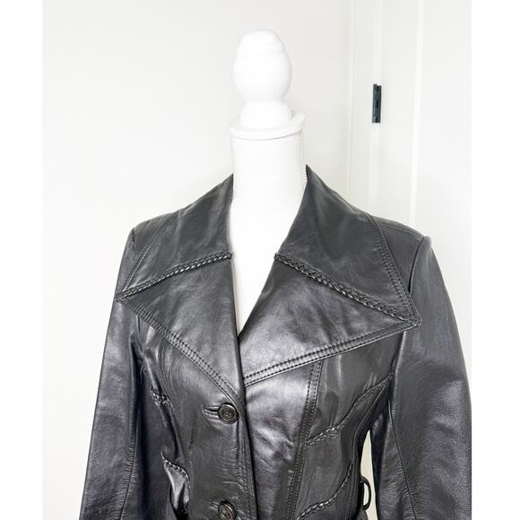 Vintage Upper Deck 100% Leather Black Long Trench Coat No Size - Picture 4 of 6